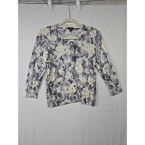 Talbots Womens Small Floral Applique Silk Button Up Cardigan Sweater 3/4 Sleeves